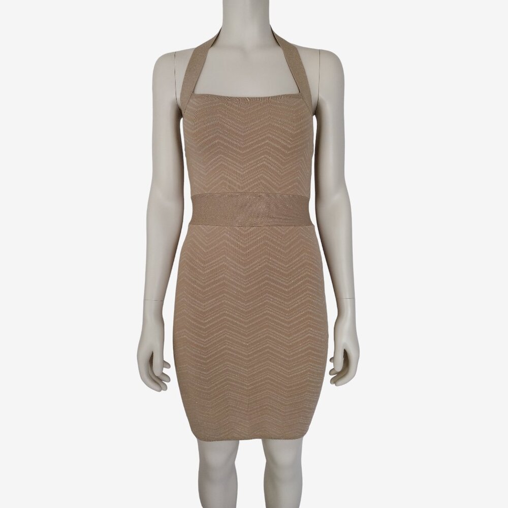 Bebe Gold Chevron Metallic Mini Knit Halter Bandage Dress Size M